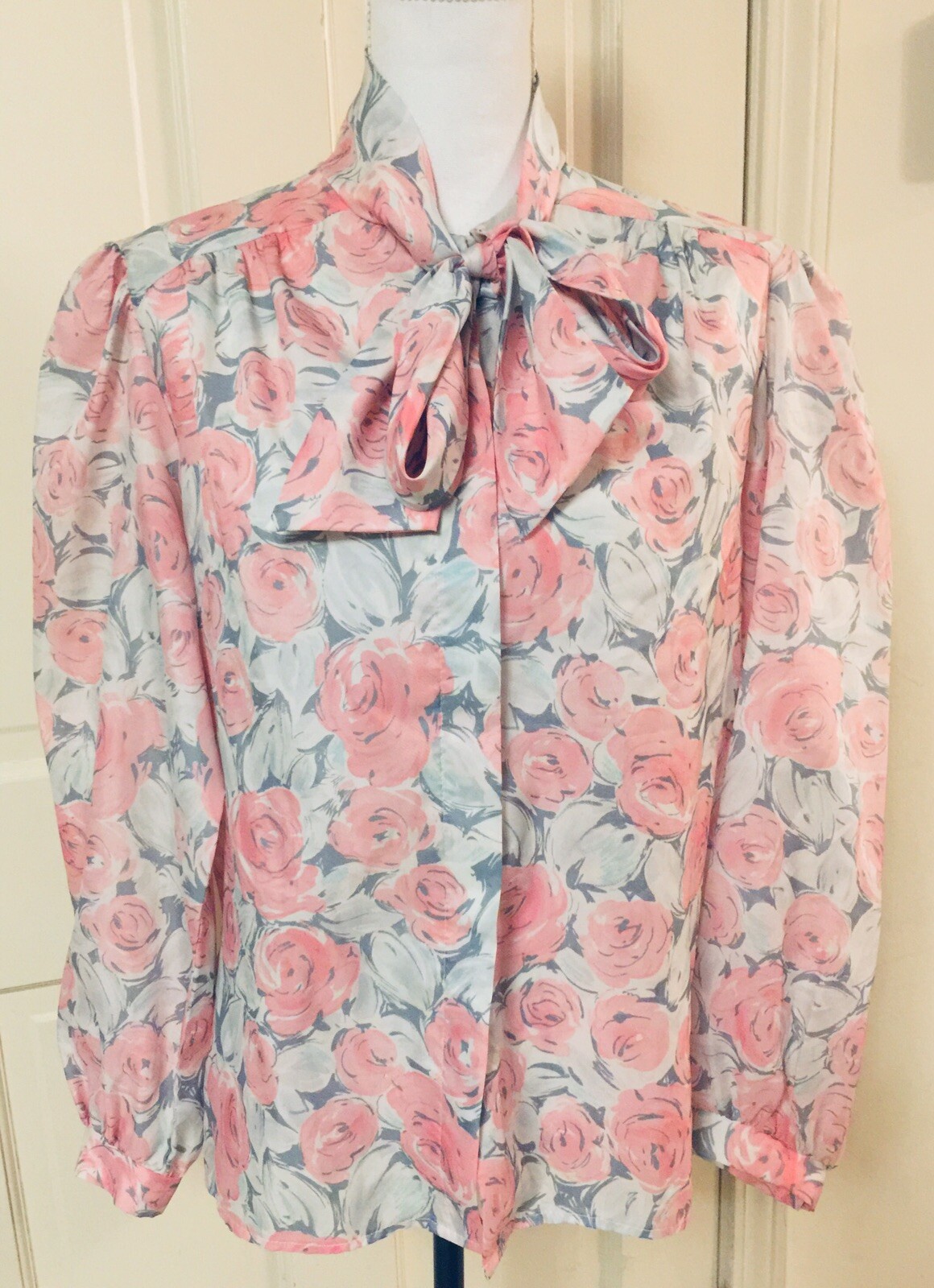 Vintage Alicia Womens Blouse Pink Gray White Floral Attached Neck Scarf Tie