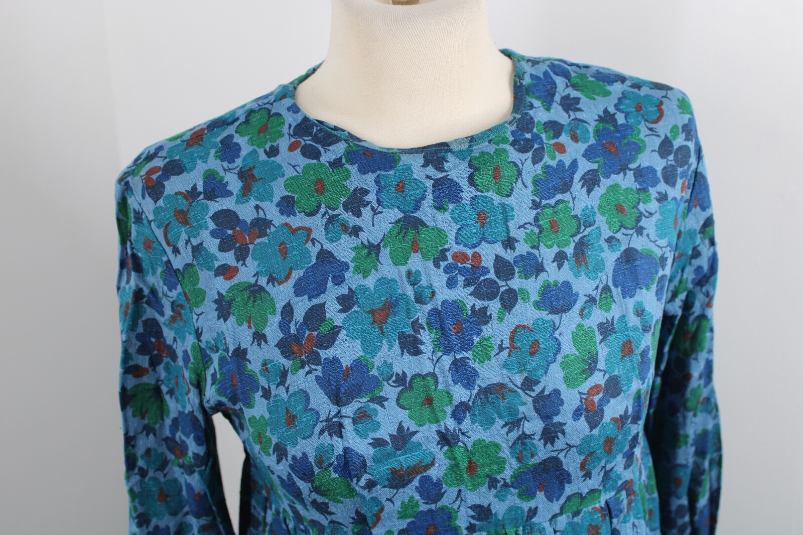 Vtg 50s/60s Blue Floral 14 Woven Cotton Long Sleeve Dress 36″ Bust