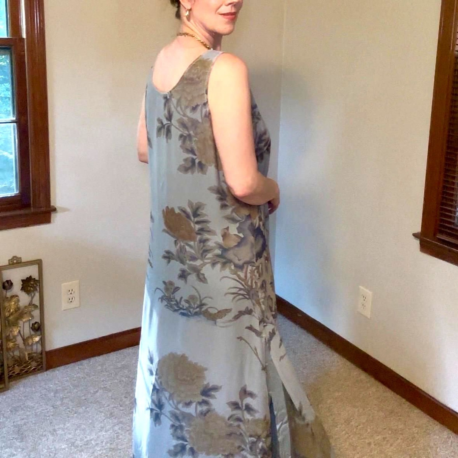 Vtg 90s Citron Santa Monica Silk Floral Maxi Dress Pale Blue Floaty Romantic M