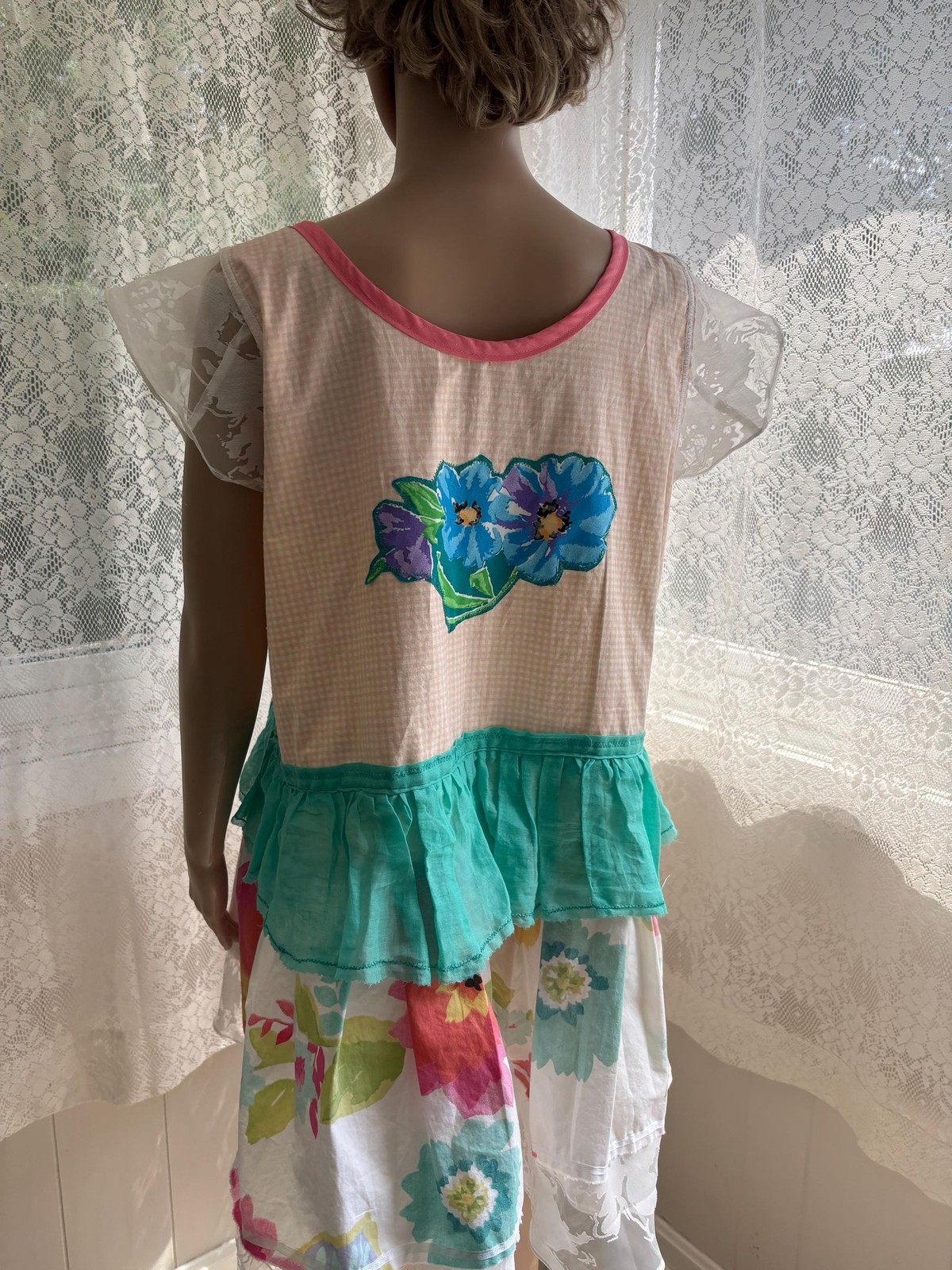 Upcycled Pinafore Dress: Floral Appliques, Lace Trim, OOAK Handmade Tunic