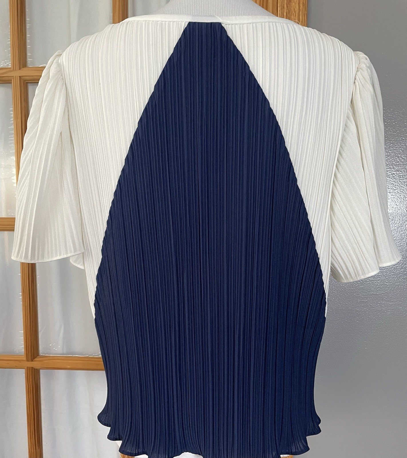 Vtg 70s Pleated Accordion Blouse Sz 16 Navy White Colorblock Career Classic City