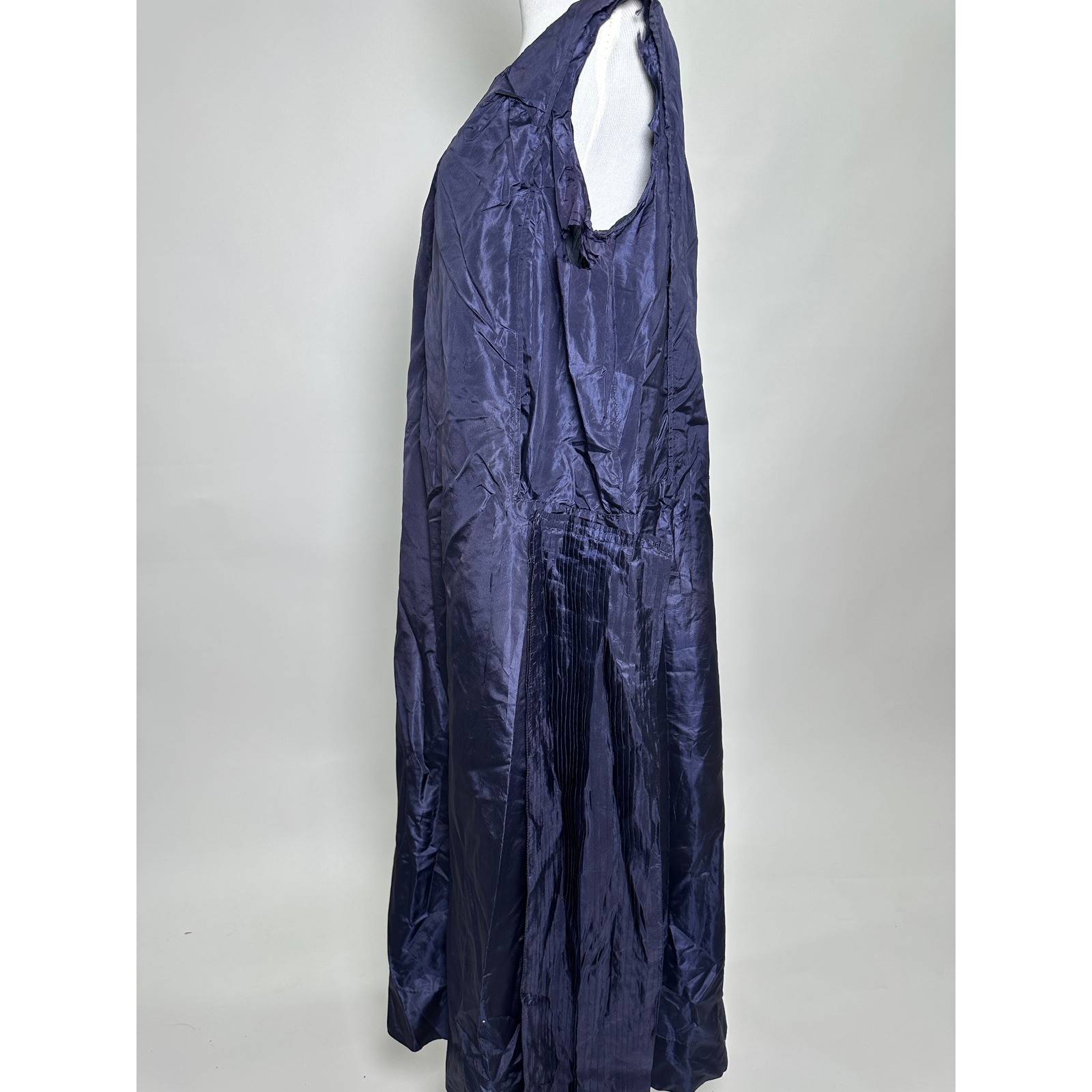 Antique 1920s 30s Navy Blue Silk Dress Pleated Study Scraps Pattern XL 46 Bust