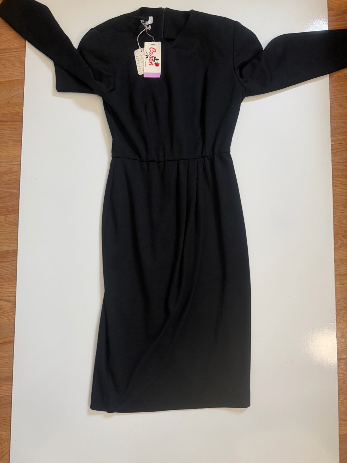 Vintage Caron Chicago Black Draped Sheath Midi Dress Womens 8 Long Sleeve