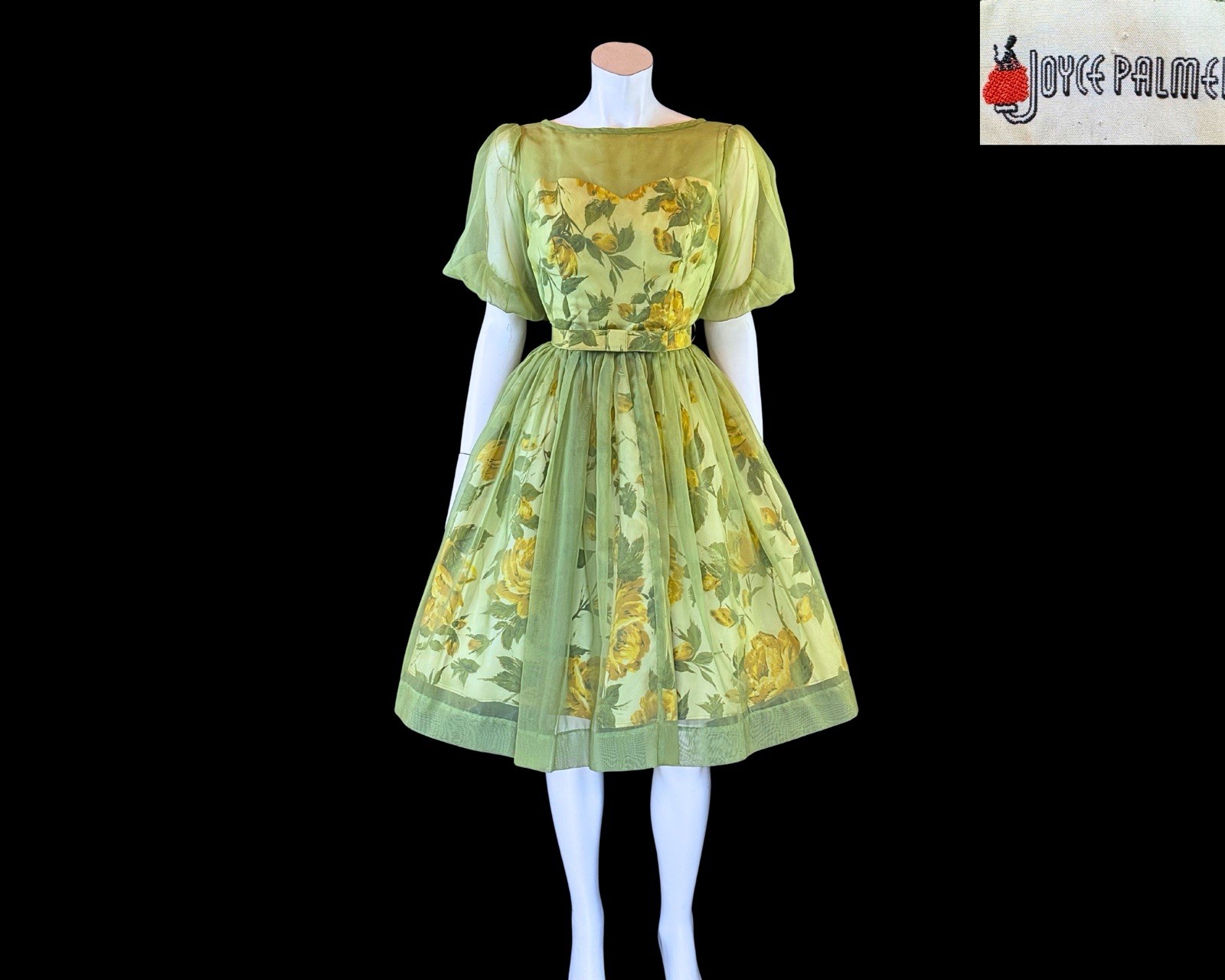 1950s Joyce Palmer Romantic Rose Floral Illusion Dress S