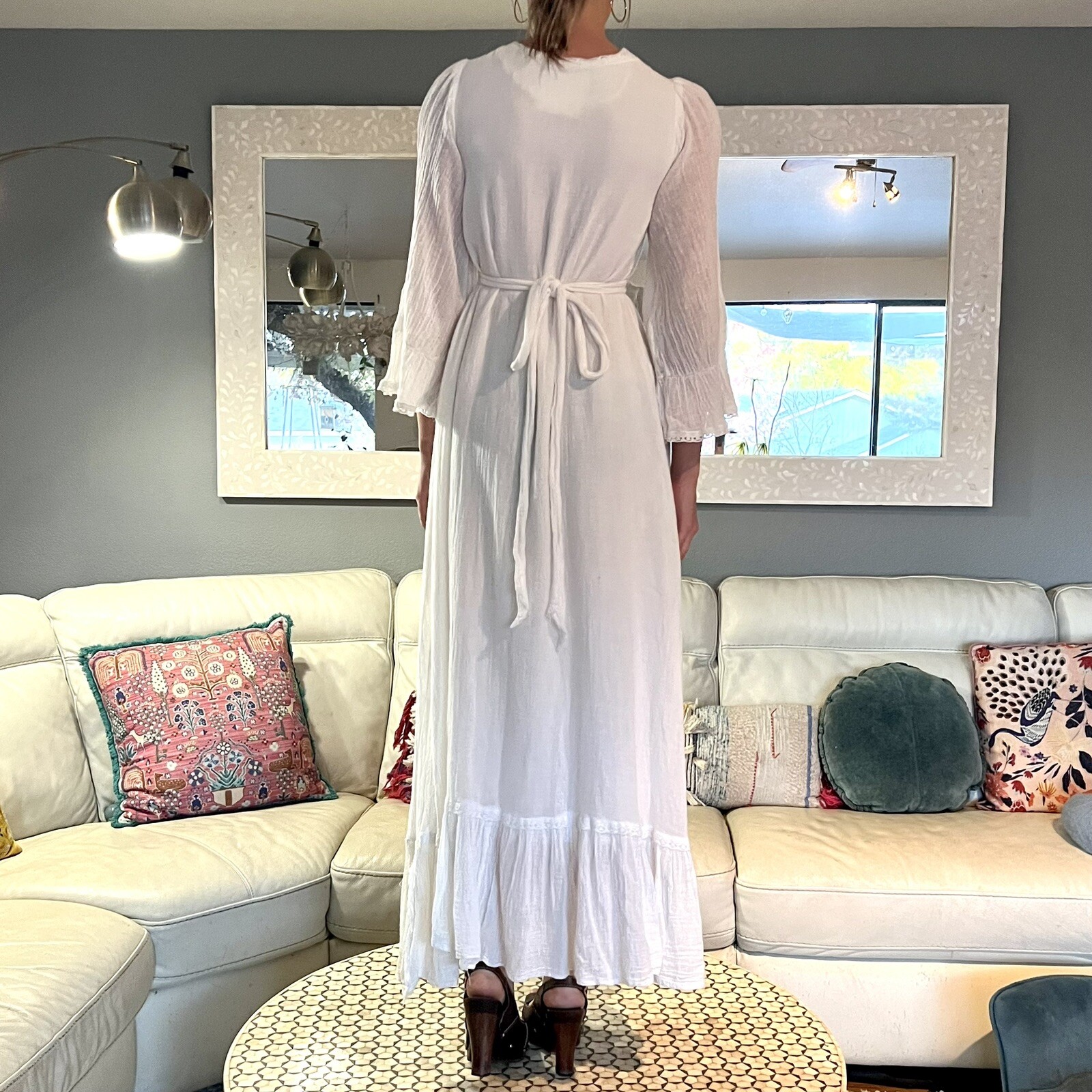 Gunne Sax Cream Gauze & Lace Maxi Dress Cottagecore Prairie Dress Boho Wedding S