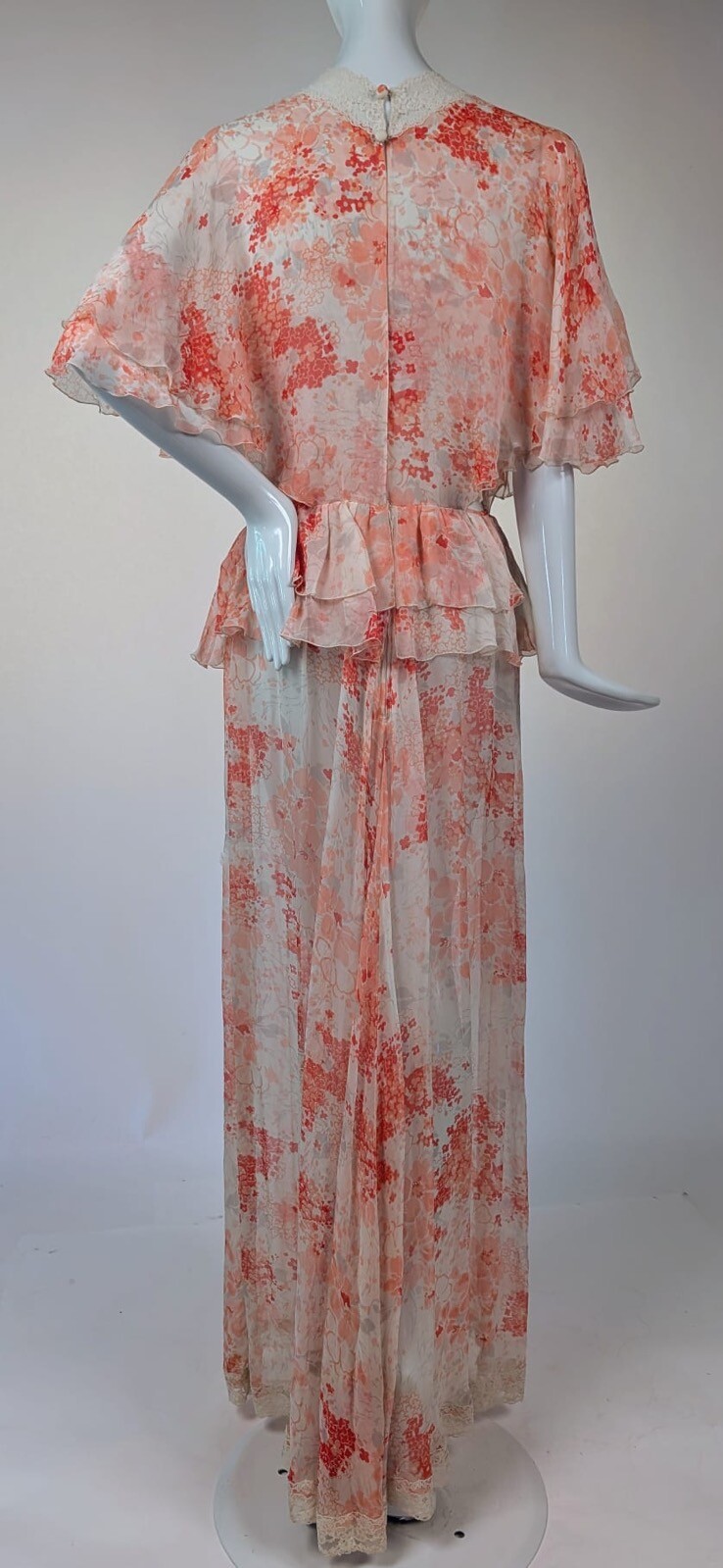 1970’S PINK FLORAL SHEER SILK CHIFFON DRESS W CAPE SLEEVES + NIEMAN MARCUS LABEL