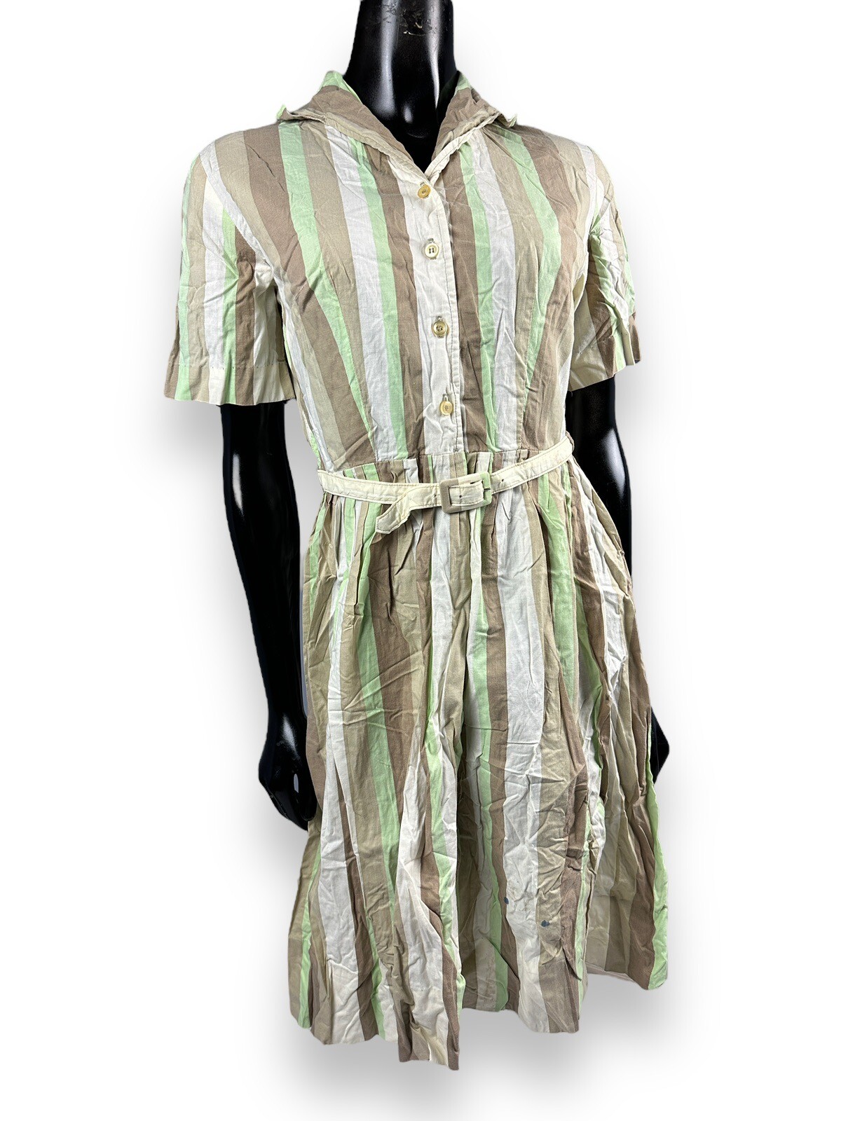 Vtg Shirtwaist Classic Pastel Green Brown Striped Day Dress Pleated Belt 38B 26W