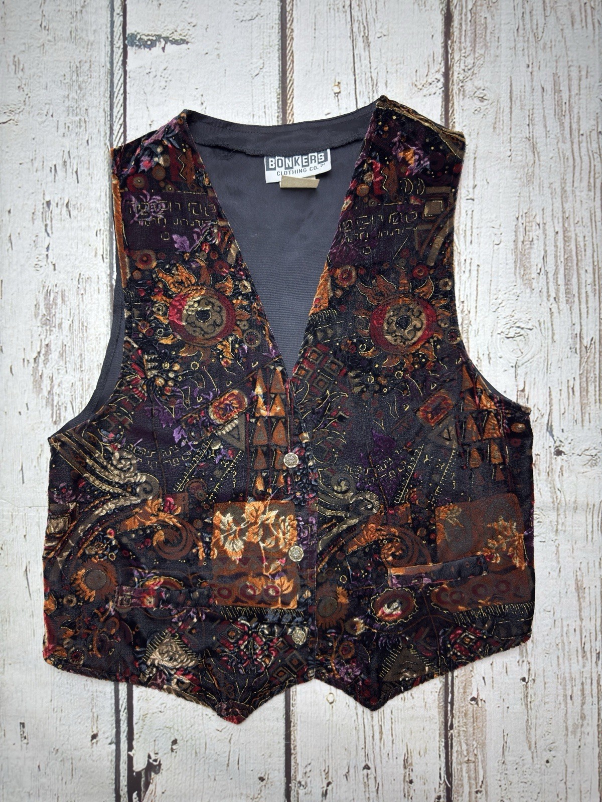 VTG Floral Flowers Print Velour Velvet Bonkers Clothing Co. 80s Women’s Vest – M