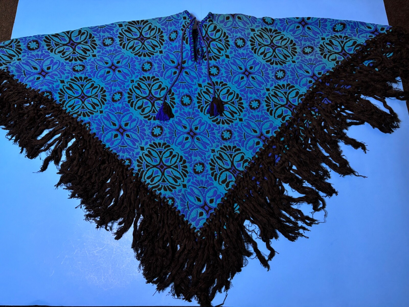 Vintage 1970’s Blue & Black Boho Mod Mexican Damask Poncho Jacket