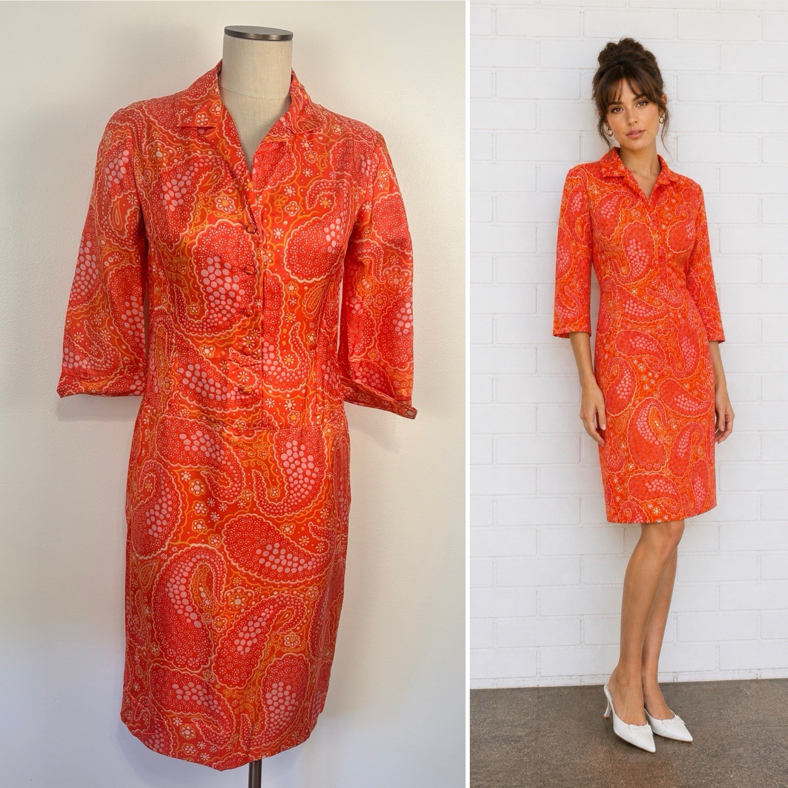 VTG 60s Mod Sheath Dress Orange Pink Psychedelic Paisley Silky Union Made S/6