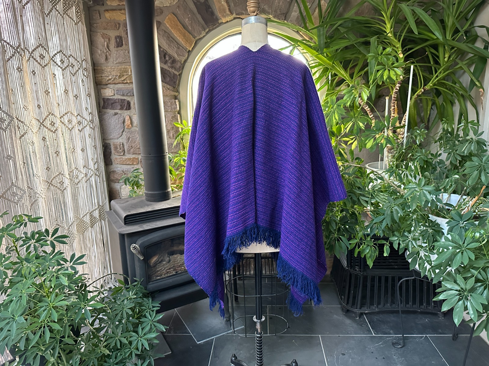 Vintage Bohemian Blue and Pink Hand Woven Stripe Wool Poncho Cape Shawl
