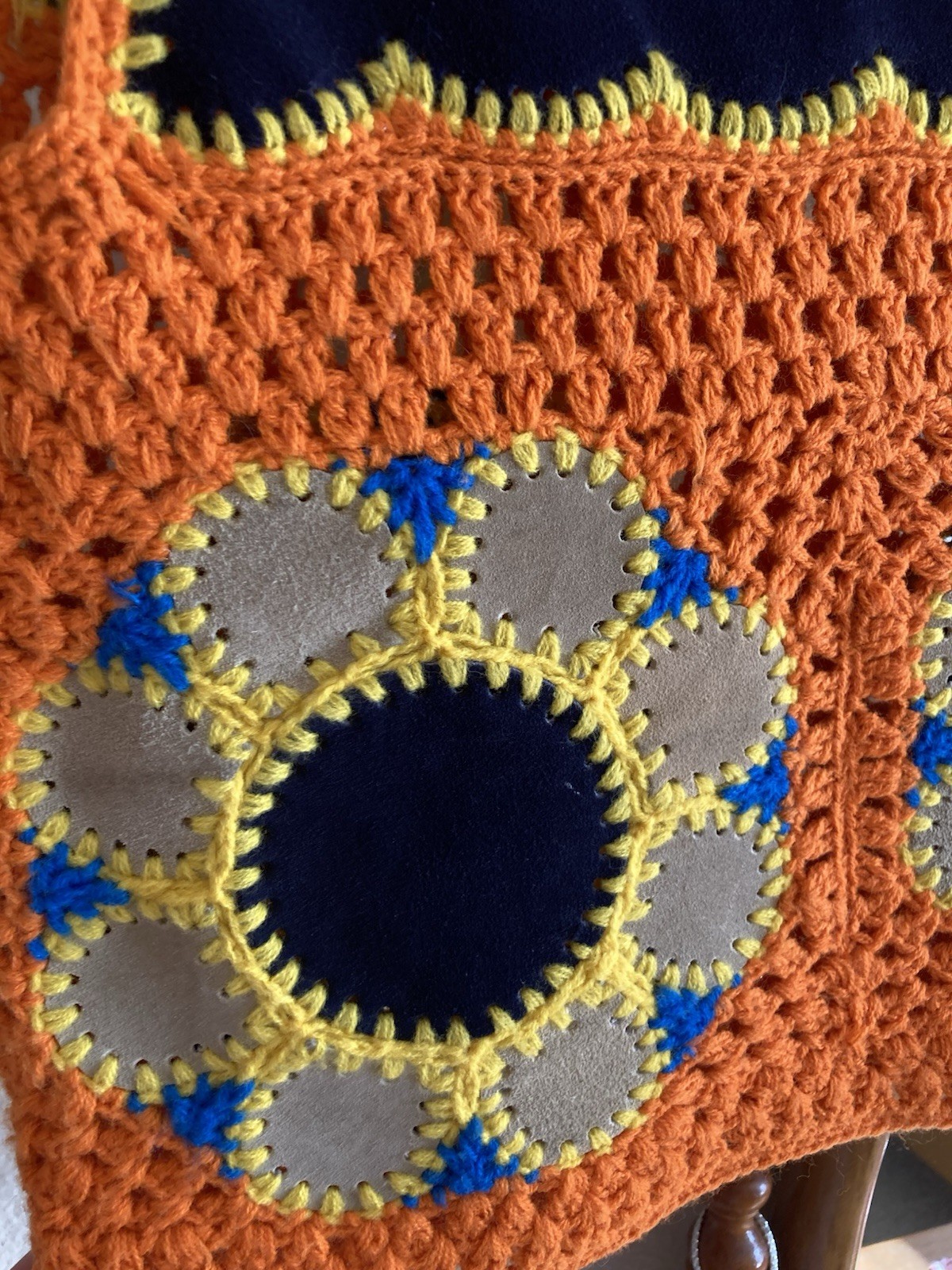 1970s Flower Power Suede Crochet Vest – Bust 34in