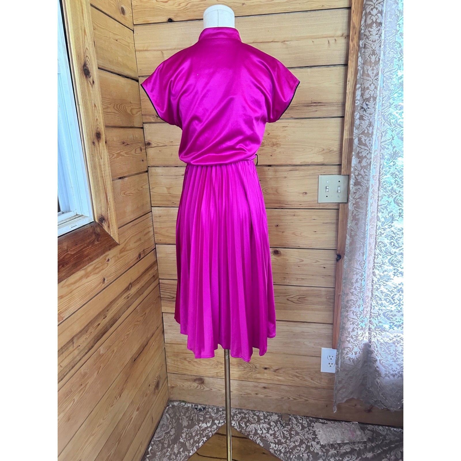 Vintage Magenta Satin Dress Medium Hot Pink Pleated Midi Joyce Palmer Asian Y2K