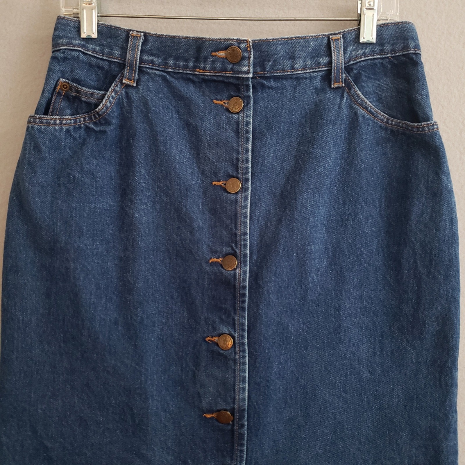 Courage My Love 13/14 Denim Skirt Blue Button Front High Rise Midi Vintage 90s