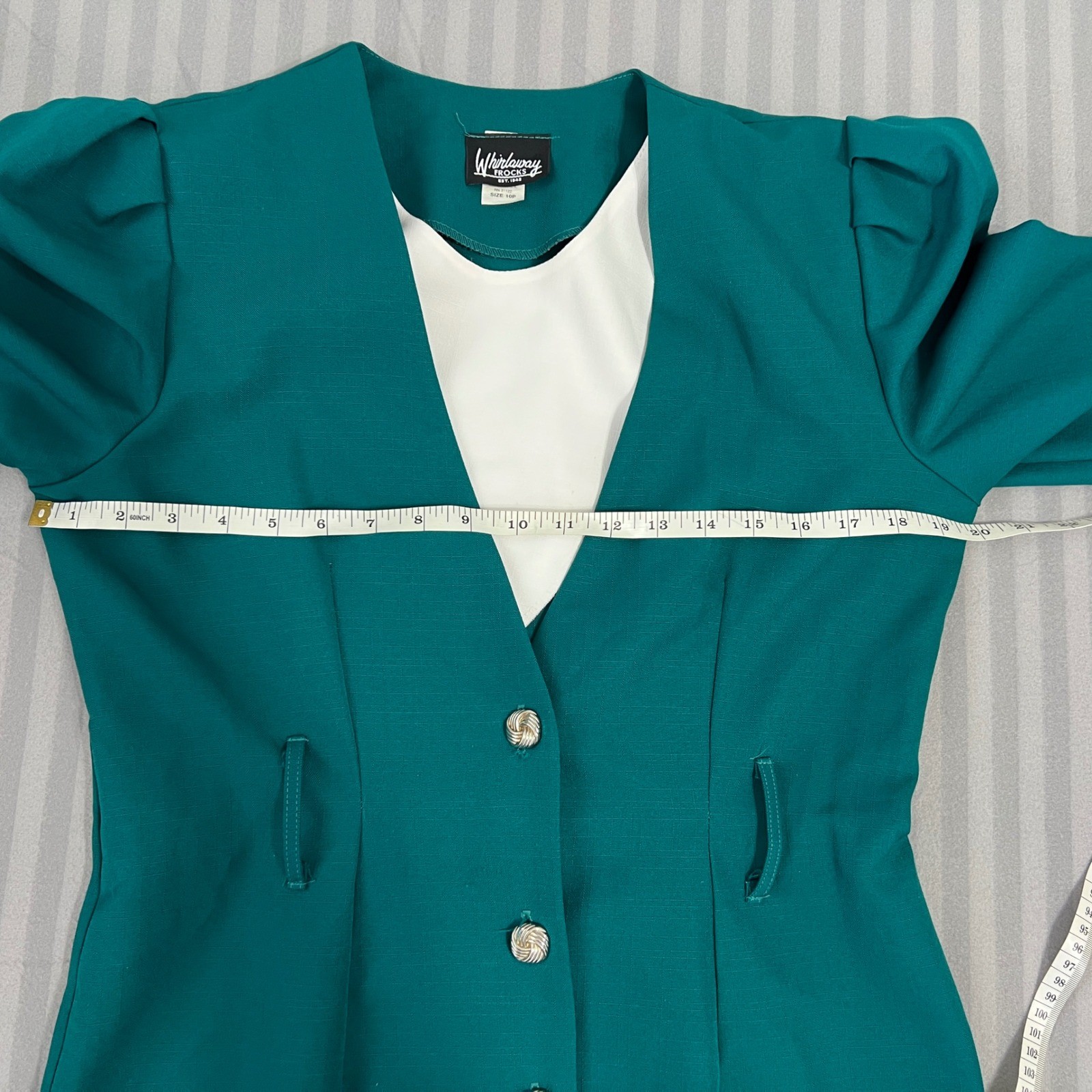 Whirlaway Frocks Vintage 80s Power Dress Size 10P Teal Green Belted Made in USA