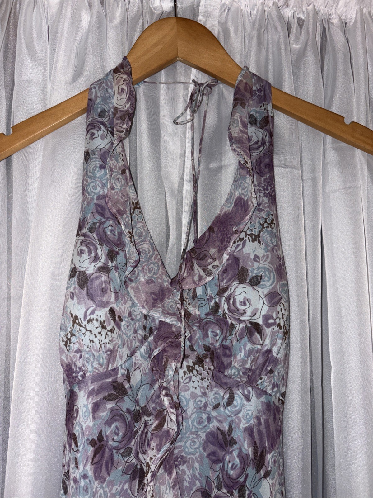 Vintage Y2K 90s Purple 100% Silk Ruffled Halter Dress Sangria Sz 10 Day Evening