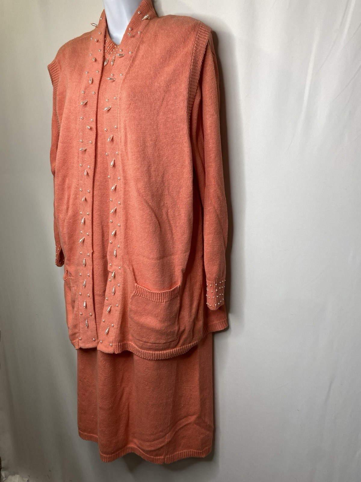 Vintage 80s Cervelle Beaded Easter Sweater Dress With Vest Size Large Peach Warm