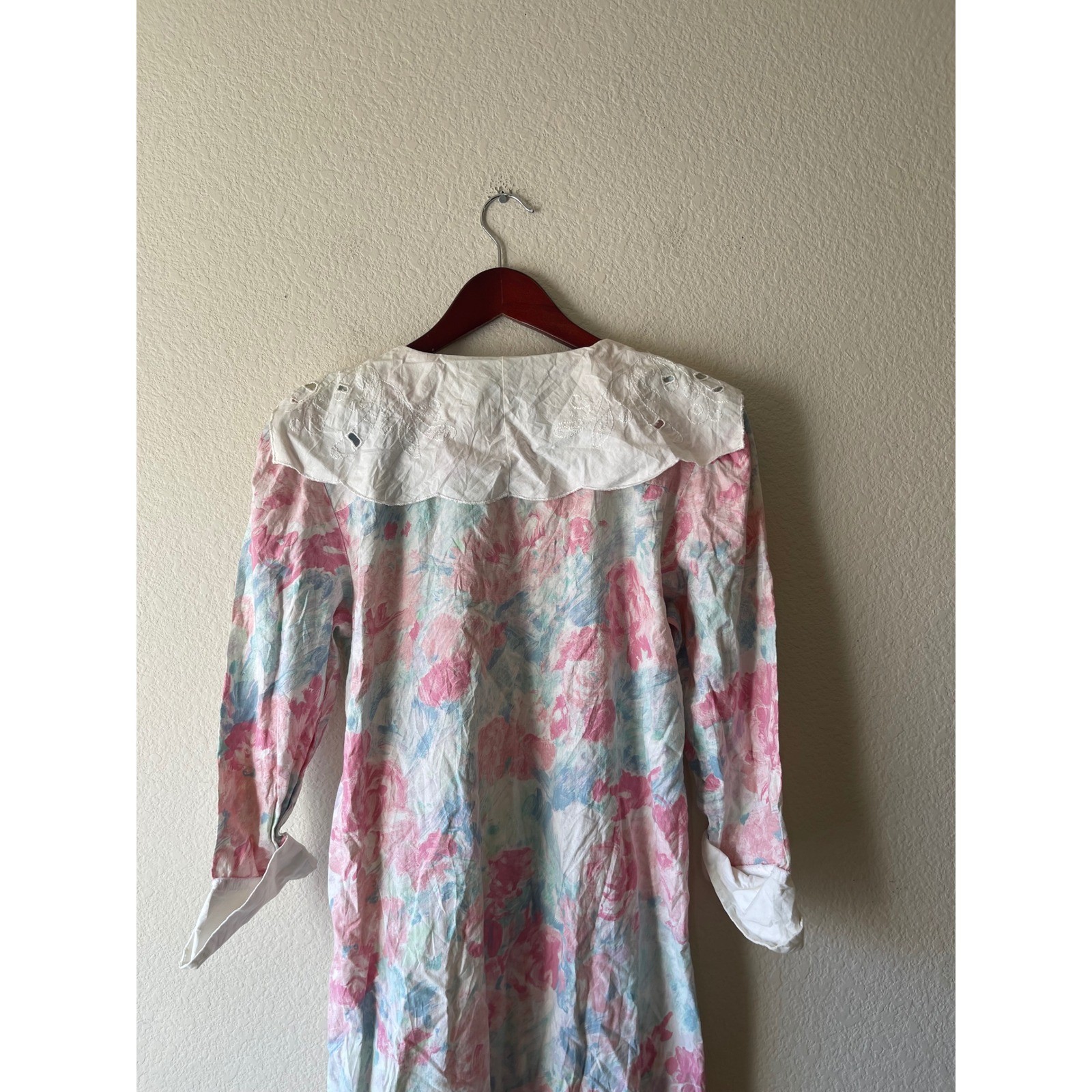 Vintage Floral Midi Dress Pastel Eyelet Collar Cotton cottagecore small