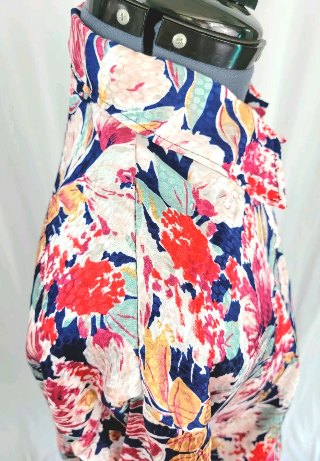 Vintage Jeri Marque Floral on Navy Blouse w Knit Cuffs & Waistband Sz M/L?