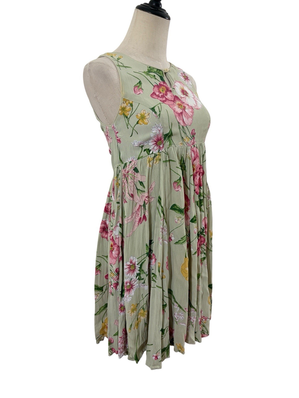 Vtg 90s Starina Babydoll Mini Dress Sz S Green Floral Grunge Garden Party Boho