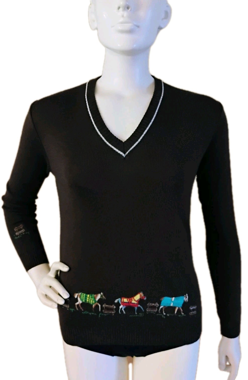 VTG 60’s „Cyn Les” Brown V-Neck Sweater Multi Color Embroidered Horses 44