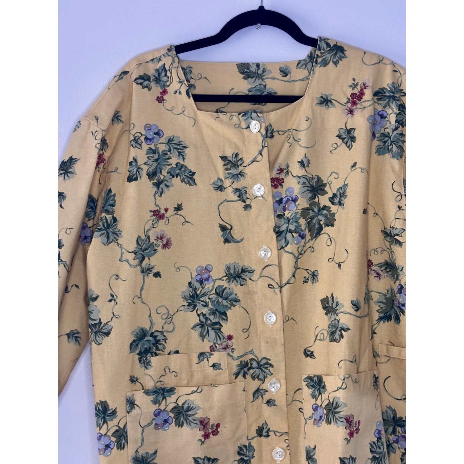 Vintage 1980s Gianna Rose Butter Yellow Floral Tunic Smock Chore Coat Artist S