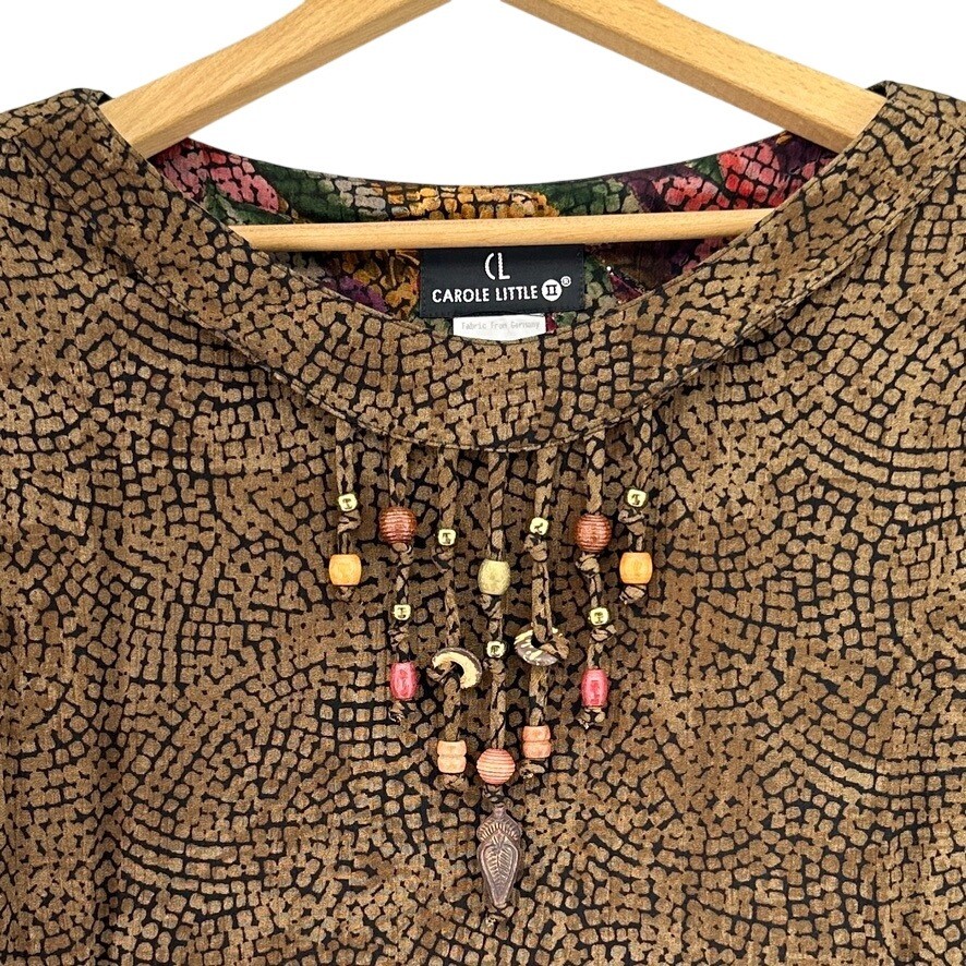 VTG 90s Carole Little II Brown Mosaic Print Beaded Tassel Tunic Top SZ 18 Boho