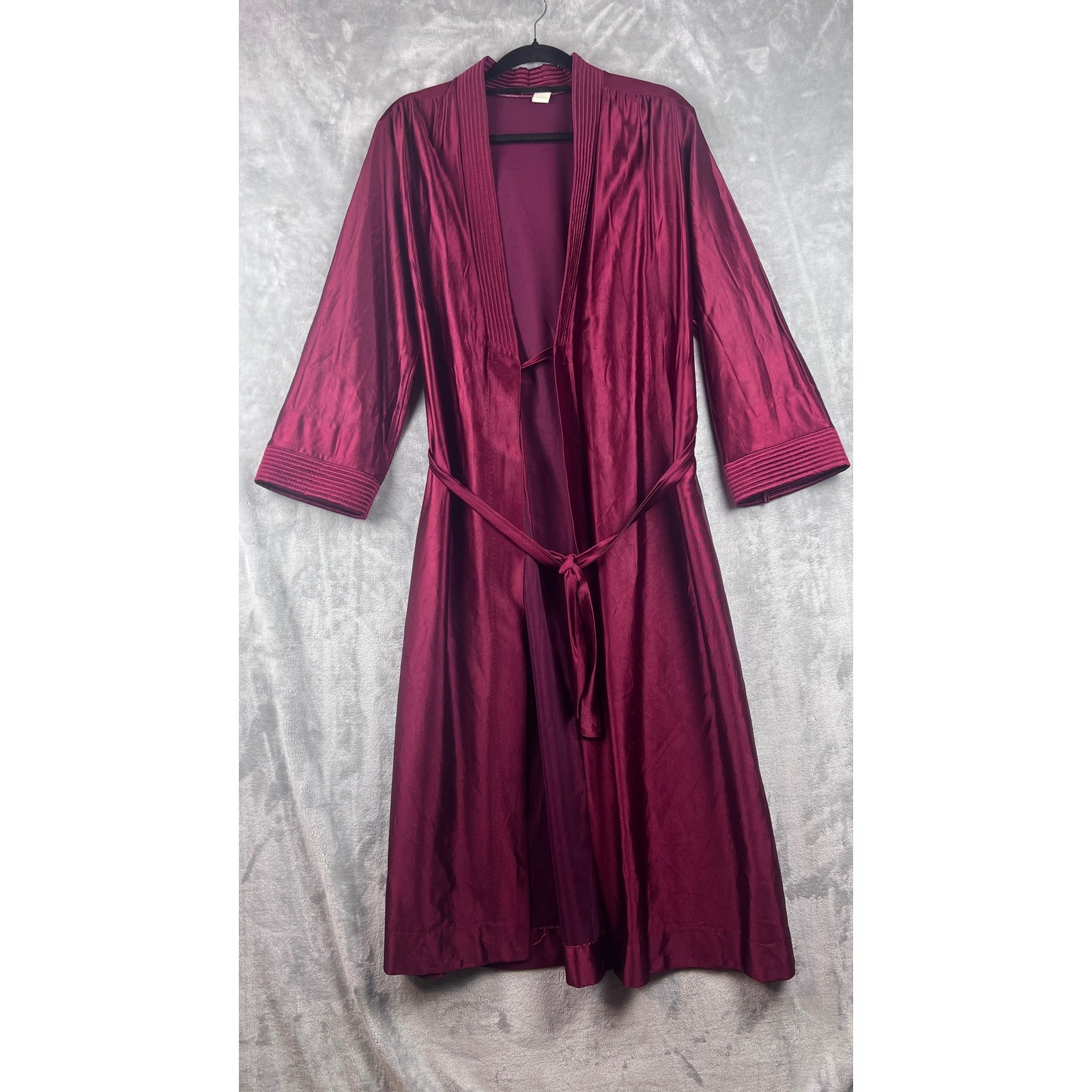 Vintage Burgundy Robe Satin Long Wrap Pleated Trim Wine Red Lingerie Small