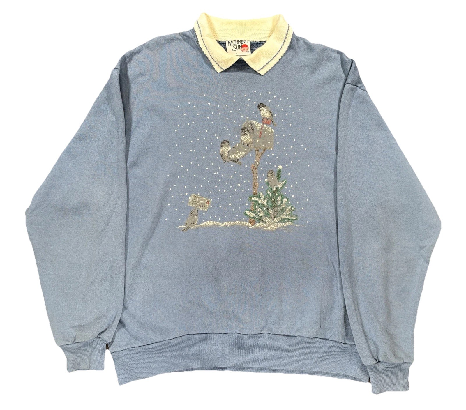 Morning Sun Jerzees 1990s Blue Embroidered Winter Birds Sweater Women’s Size L
