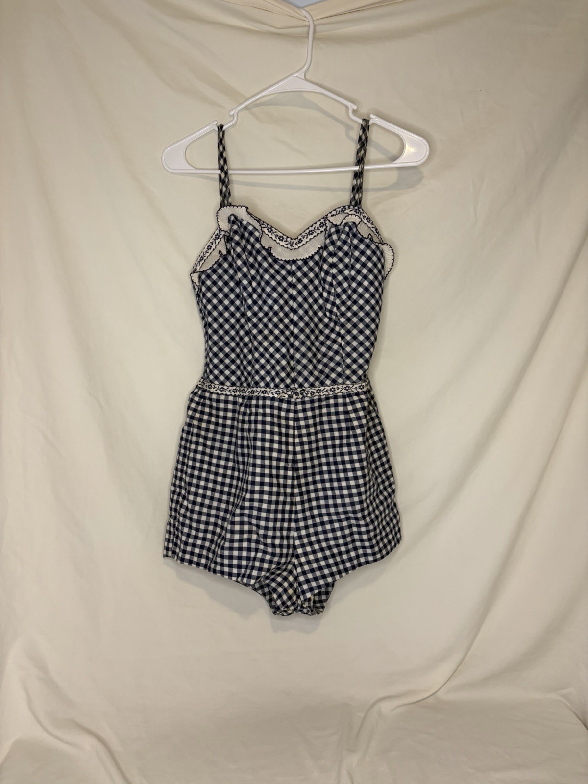 True Vintage 50’s Jantzen Playsuit Swimsuit Romper Navy & White Gingham Size 14