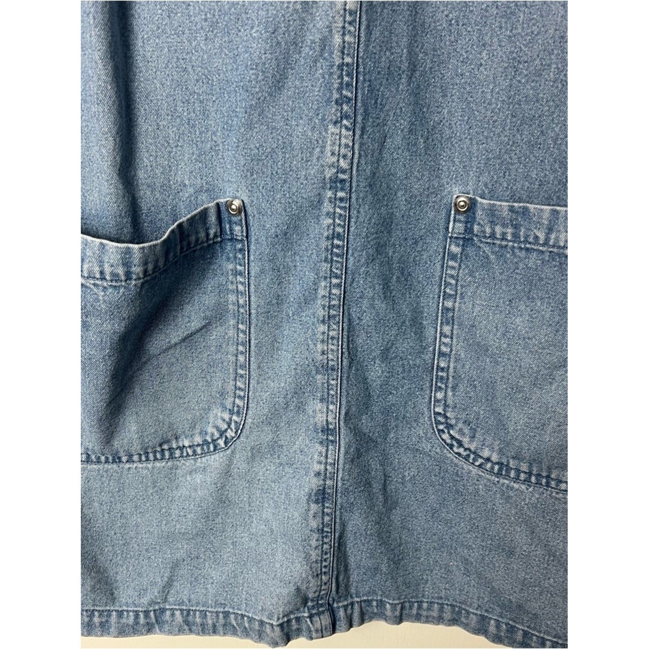 Vtg 90s Directives Denim Mini Pinafore Jumper Dress Button Straps Pockets Sz S