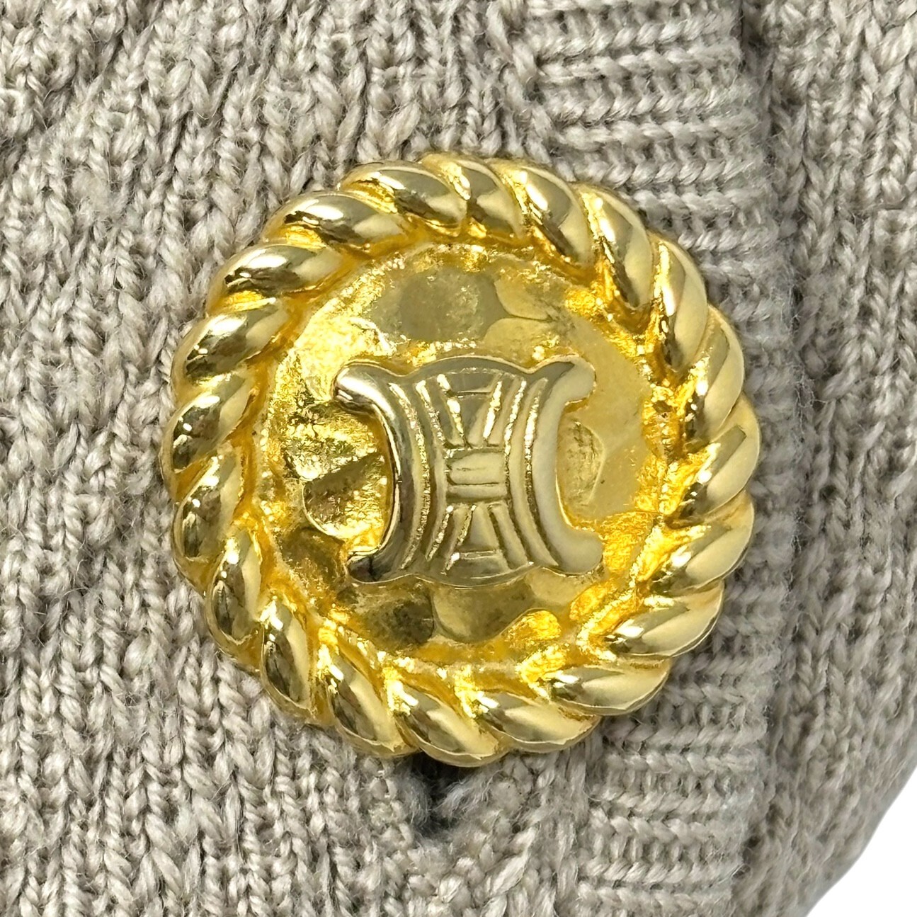 CELINE Vintage Macadam Logo Rib Knit Cardigan #38 Button Light Brown Gold Wool