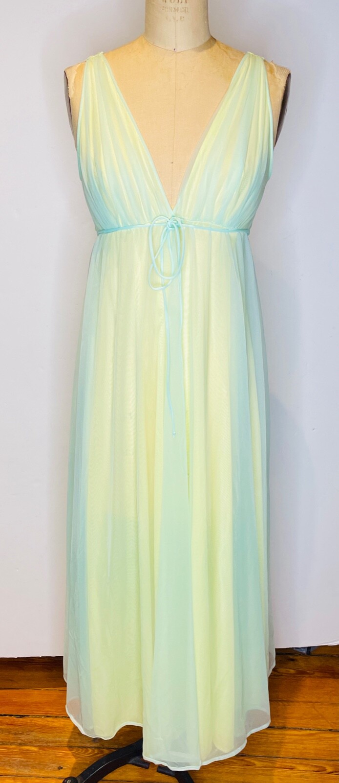 VTG 60’S BLANCHE MINT GREEN&YELLOW GODDESS FULL SWEEP NIGHTIE NIGHTGOWN*XS/S