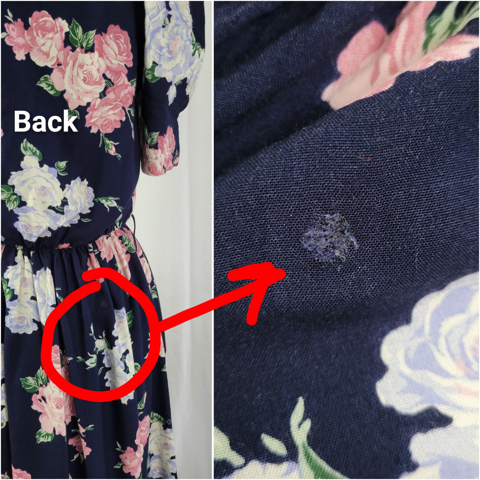 Vtg Lisa II Navy Blue Floral Blouson Dress w White Crochet Trimmed Bib Size M?
