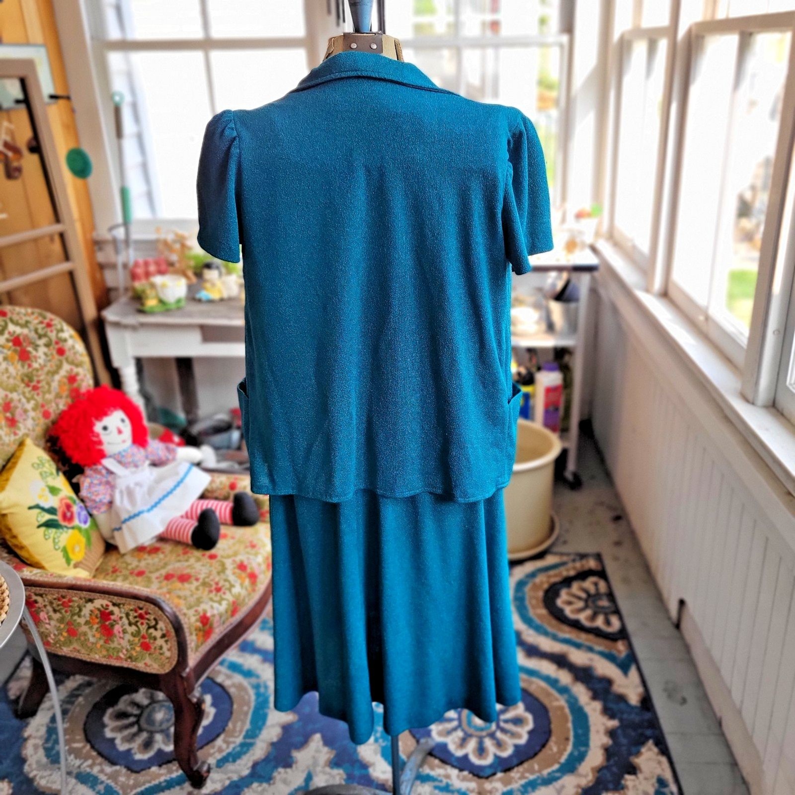 Vintage 1970’s -Cinched Waist Soft Terry Poly Sun Dress w Cardigan Top Size L