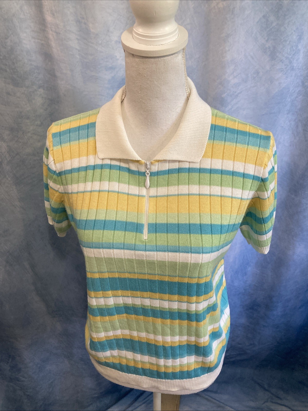 Vtg 80s 90s Alfred Dunner Striped Knit Polo Top USA Made Coastal Grandma Pastel
