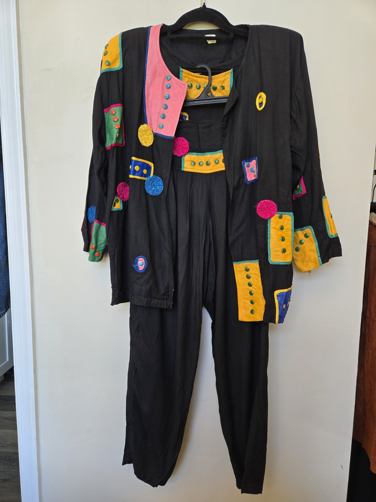 Vintage 80s 90s Womens Outfit Sz M Leather Patch Work Art To Wear Hippie Loose
