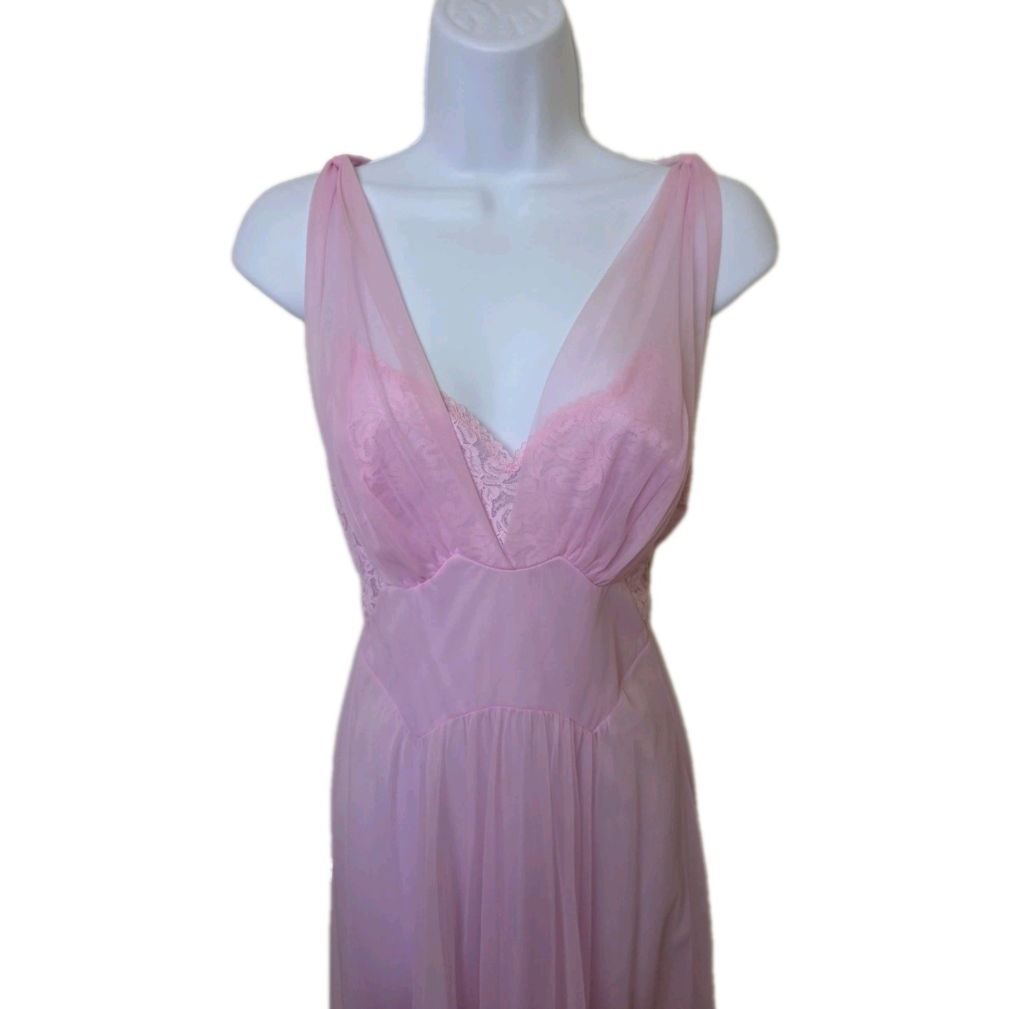 Vtg 1980s Vanity Fair Long Nightgown Lilac Purple Chiffon Nylon Lace Sz 34