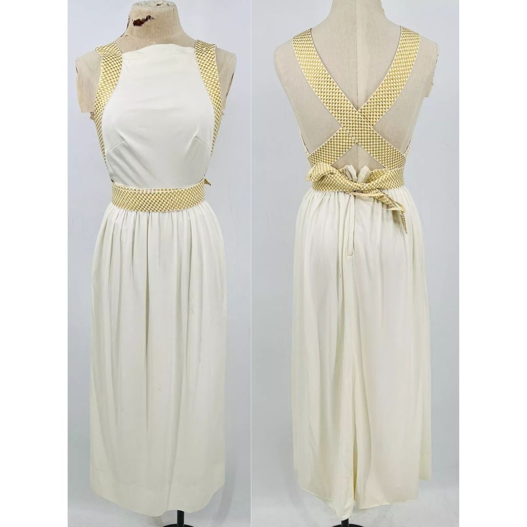 Vintage 70s Lillie Rubin White Gold Halter Cross Back Disco Maxi Dress Size XS