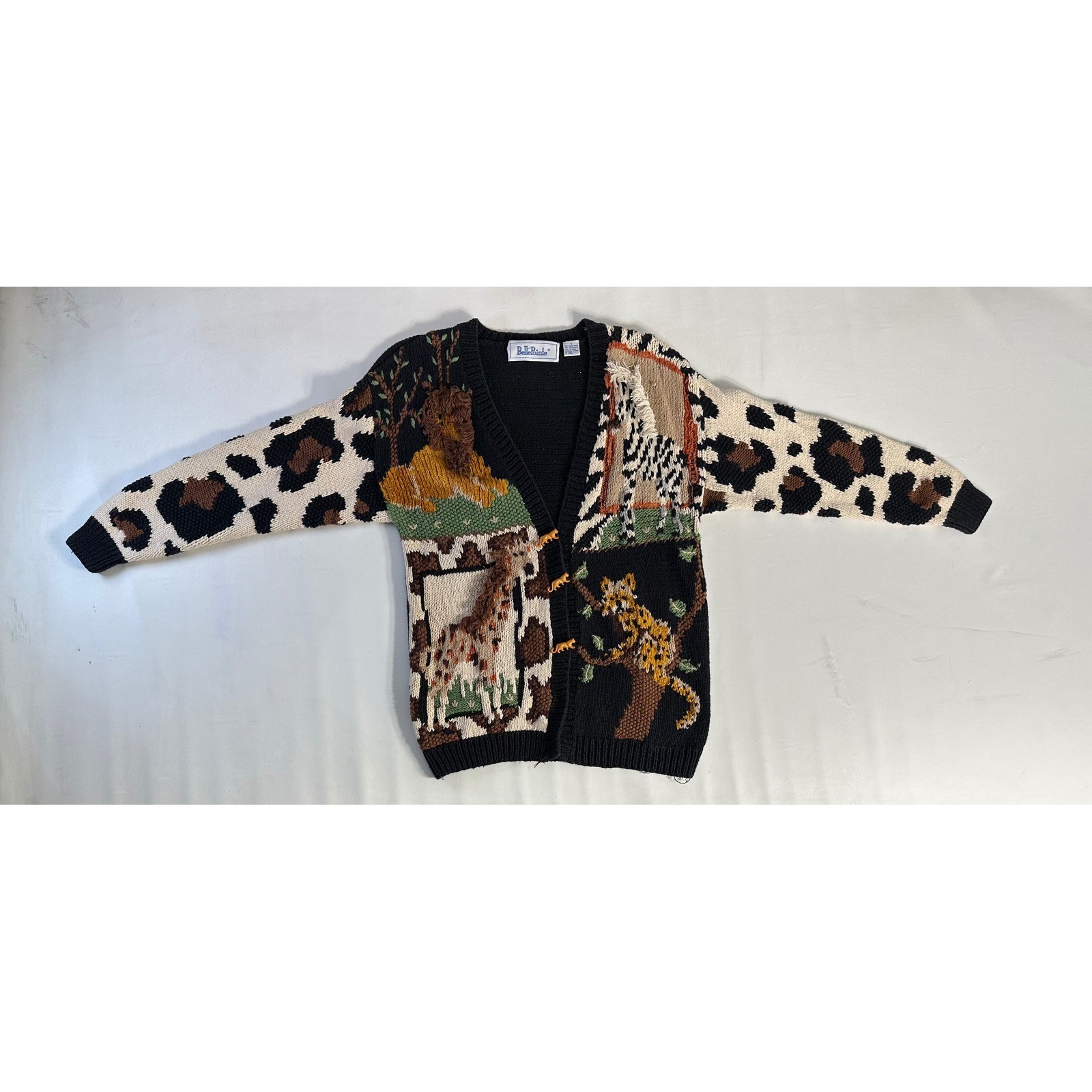 BellePointe Vintage Safari Animal Intarsia Chunky Knit Cardigan Sweater Black S