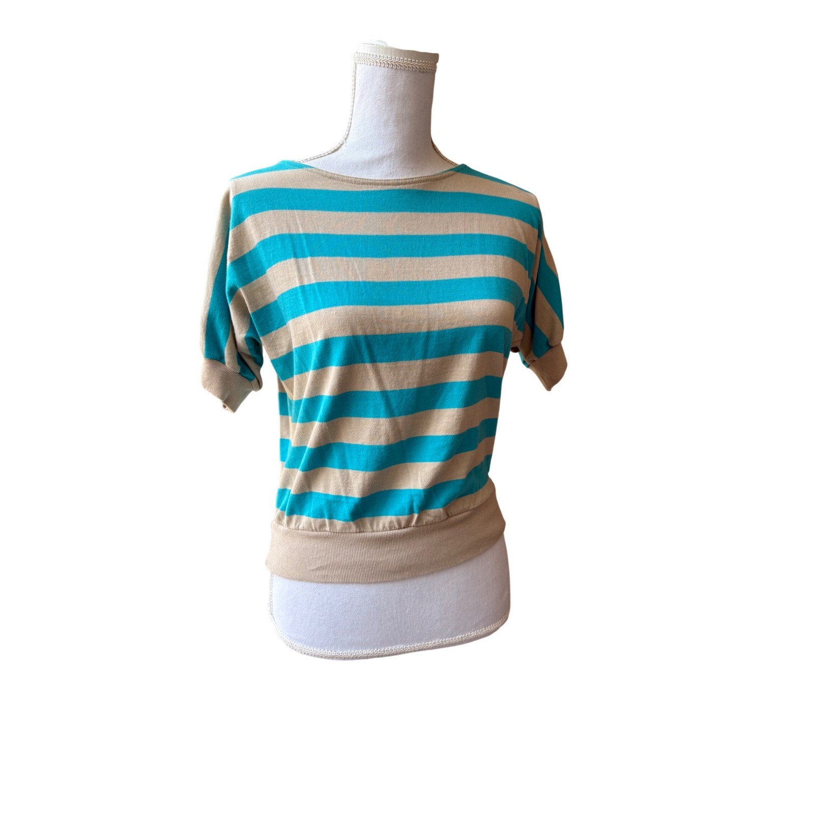 Vintage 80s Liz Claiborne Top Turquoise Beige Striped Dolman Sleeve Petite M