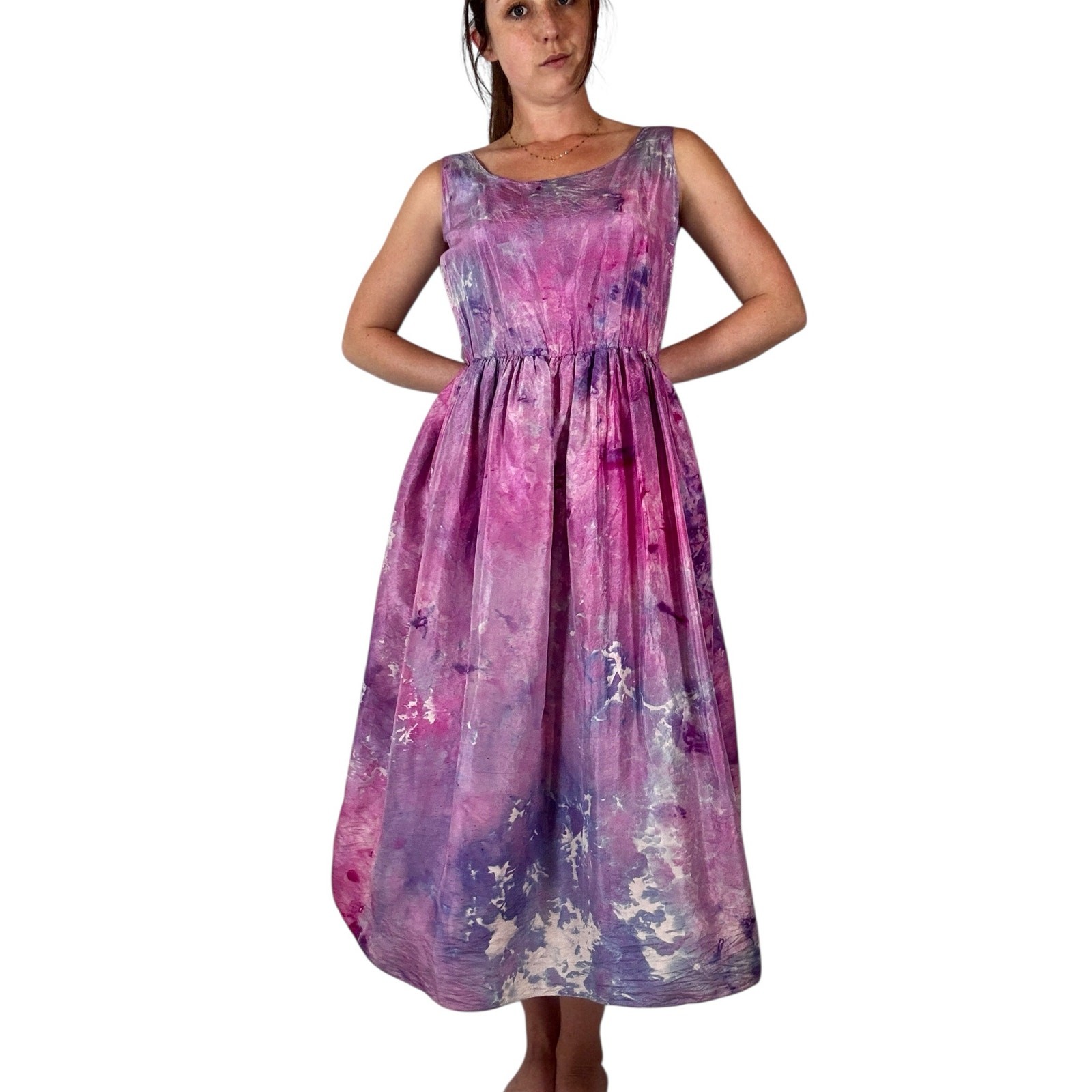 Vintage 1950s Hand Dyed Pink Purple Ice Dye Silk Fit & Flare Dress Crinoline