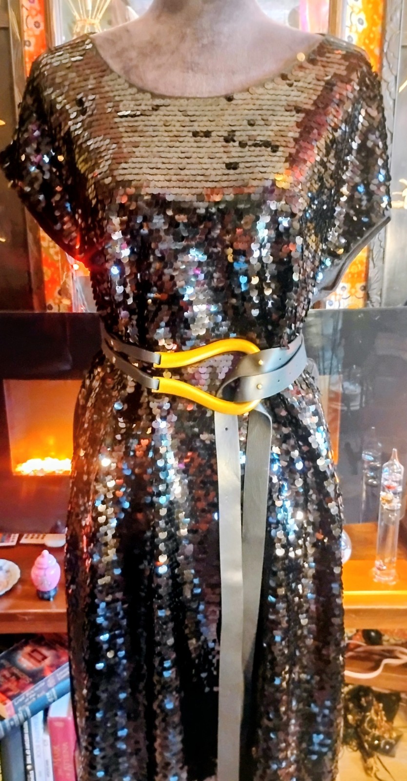 OSNT Rocker Star Alfani Sequined Festival Noir Shift Soft Flowing Belt Dress L