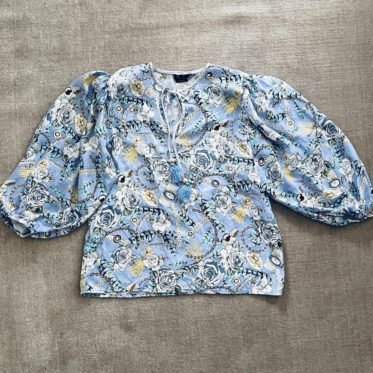 Diane Freis Vintage 100% Silk Floral Balloon Sleeve Blouse Blue White Gold