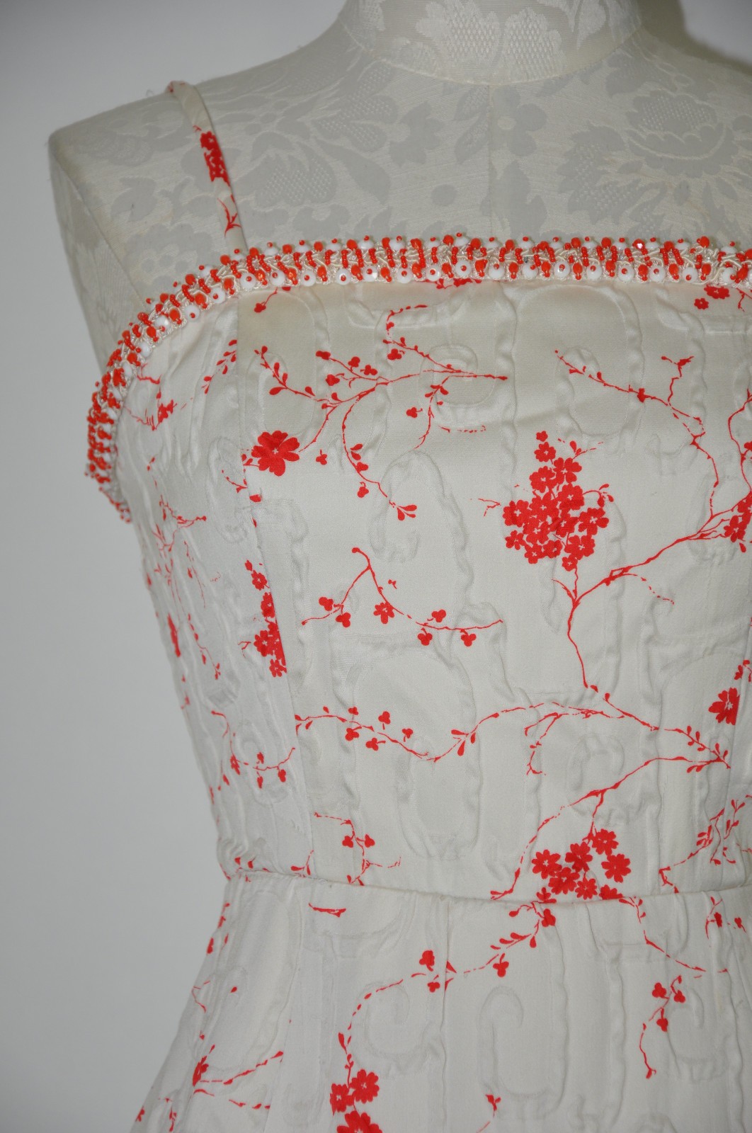 50s Vintage White Red Cherry Blossom Beaded Straps Full Skirt Day Dress Women XS