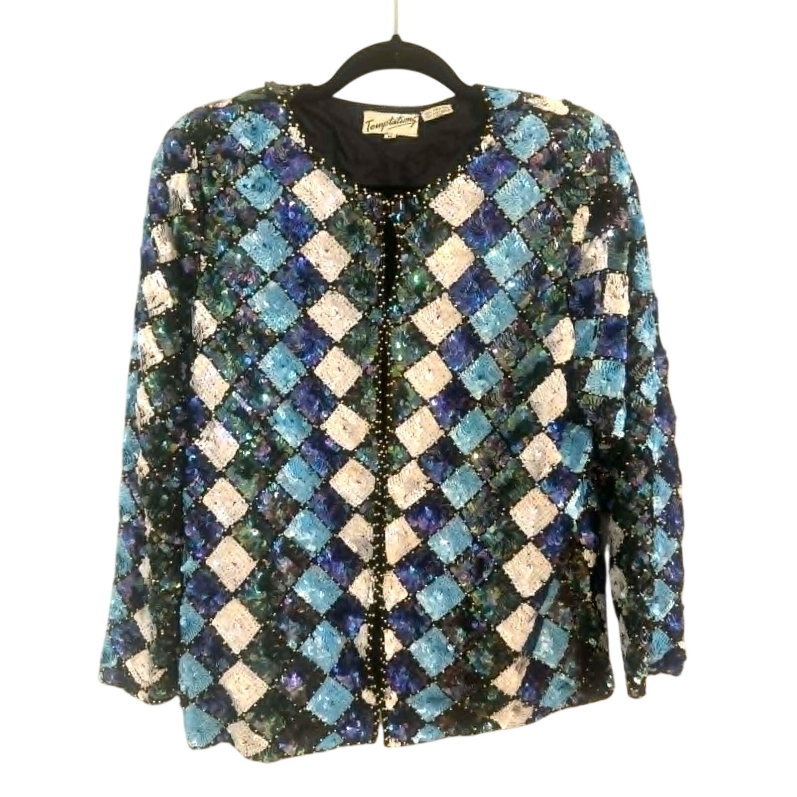 Vintage 1980s Sequin Silk Jacket Temptations M Beaded Blue White Evening India