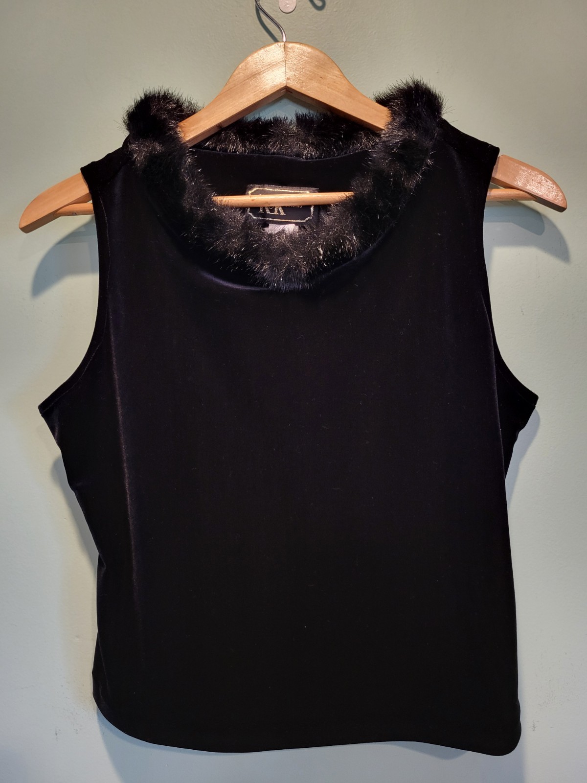 Vtg Black Stretch Velvet Faux Fur Trim Sleeveless Top Sz 14 Mobwife