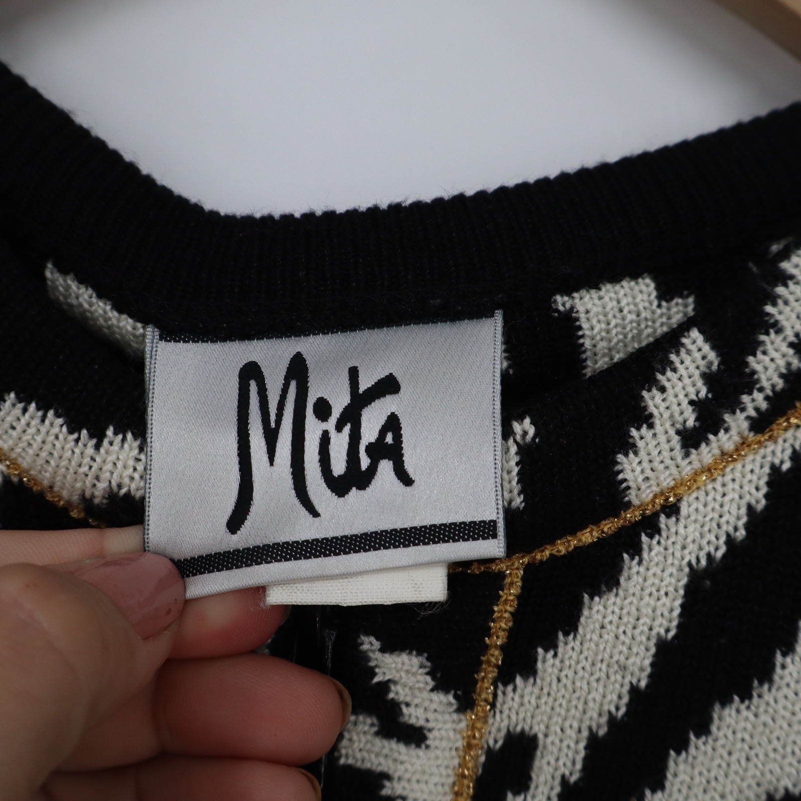 Vintage Mita Zebra Colorblock Zip Cardigan Sweater Gold Trim Black Cream Size 14
