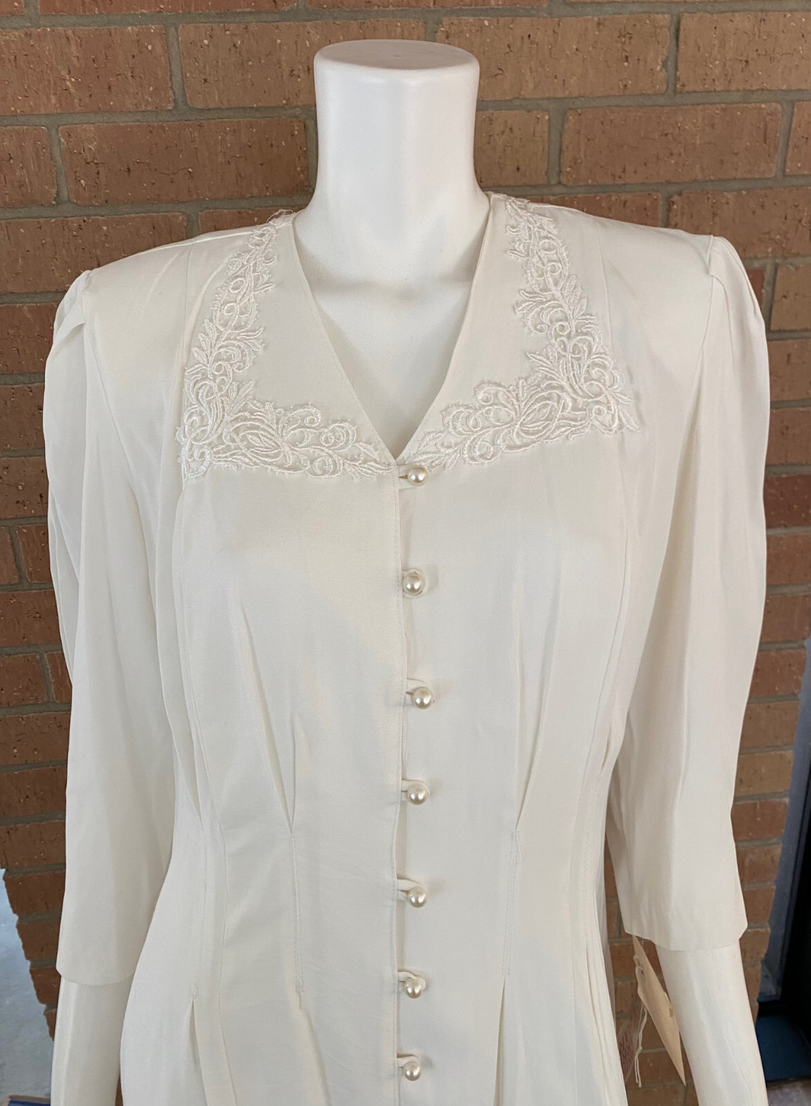 Womens VINTAGE TINA BARRIE MIDI DRESS Button Front LACE APPLIQUE White NEW 11-12