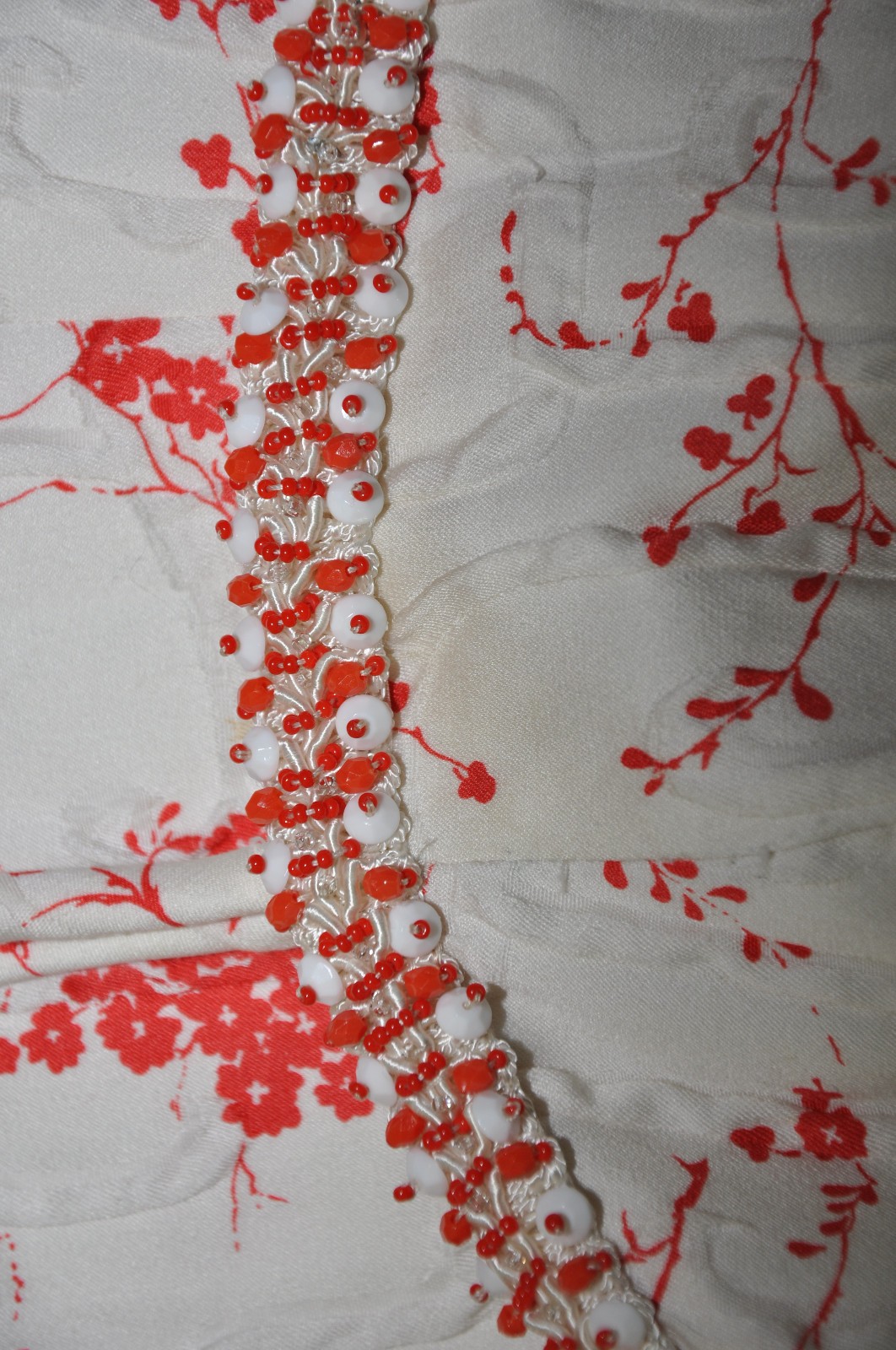 50s Vintage White Red Cherry Blossom Beaded Straps Full Skirt Day Dress Women XS